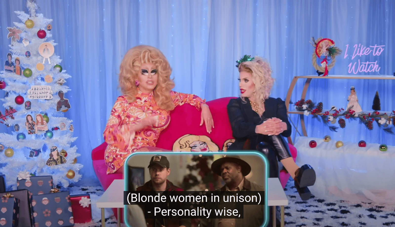 Screenshot from 'I like to watch" Youtube series showing drag queens Trixie and Katya saying "Personality wise..."