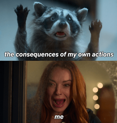 Meme image showing a scared racoon, captioned :the consequences of my own actions" followed by Lindsay Lohan screaming, captioned "me"