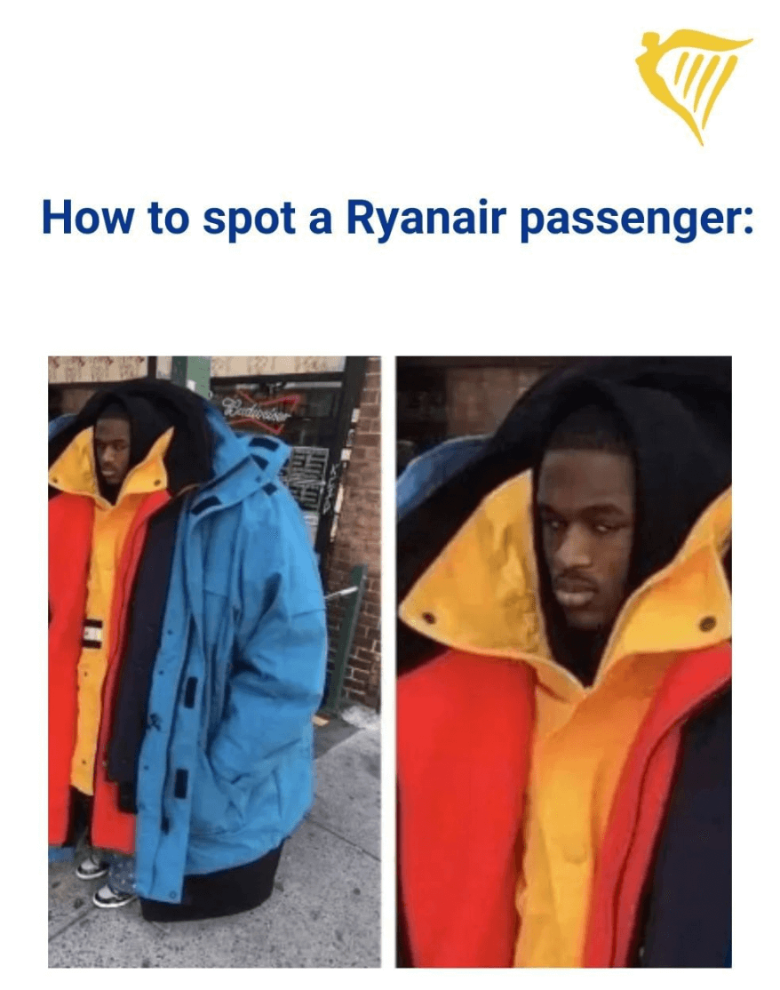 Image of a Ryanair social media meme showing a man wearing a ridiculous number of coats, captioned "How to spot a Ryanair passenger"