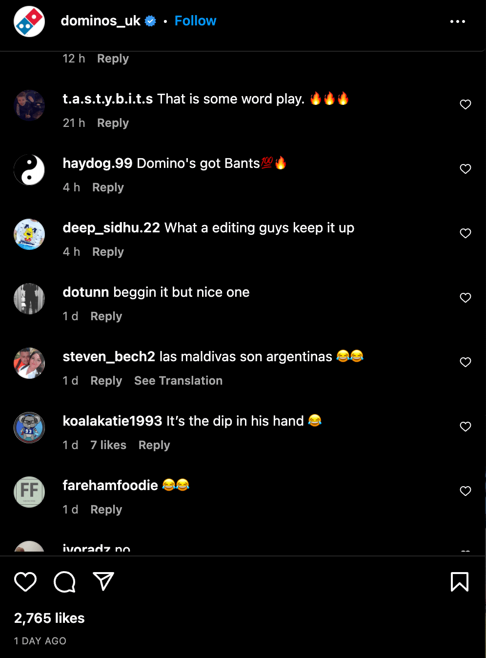 Screengrab of the positive comments to a Dominos Pizza social post.