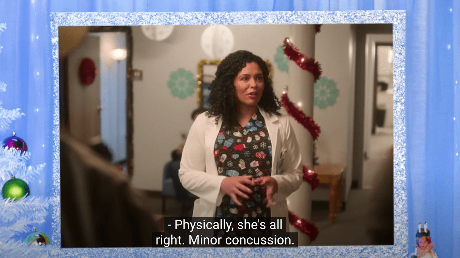 Screenshot from 'I like to watch" Youtube series showing woman with the subtitles "Physically, she's all right. Minor concussion." 