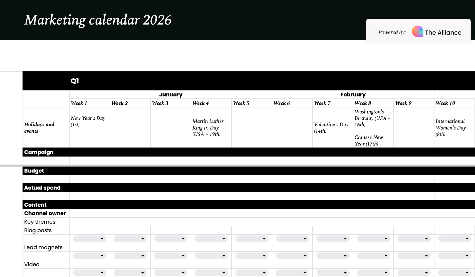 Marketing calendar 2026 template