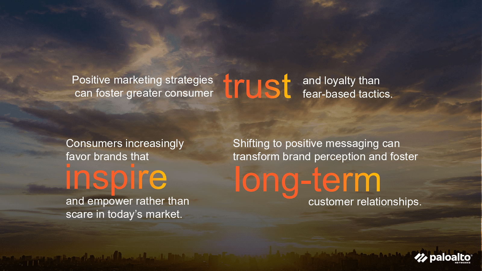 A slide graphic on a cloudy, sunrise background stating that "Positive marketing strategies can foster greater consumer trust and loyalty" and that consumers favor brands that "inspire and empower."