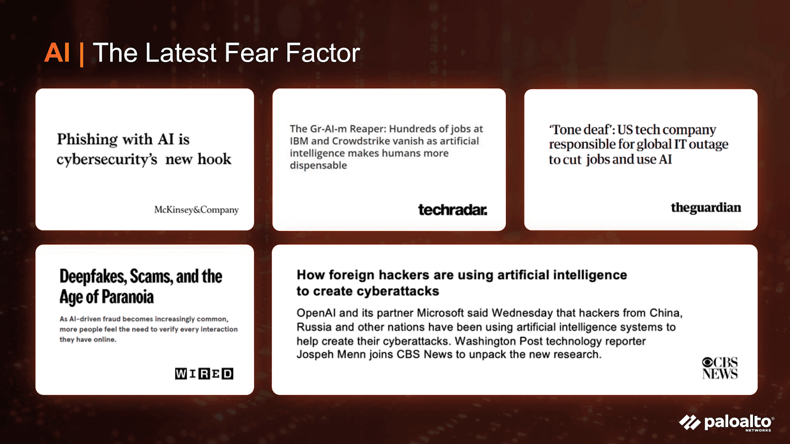 A slide graphic titled "AI: The Latest Fear Factor" showing five news headlines related to the risks and job concerns associated with artificial intelligence, such as deepfakes and AI-driven cyberattacks.