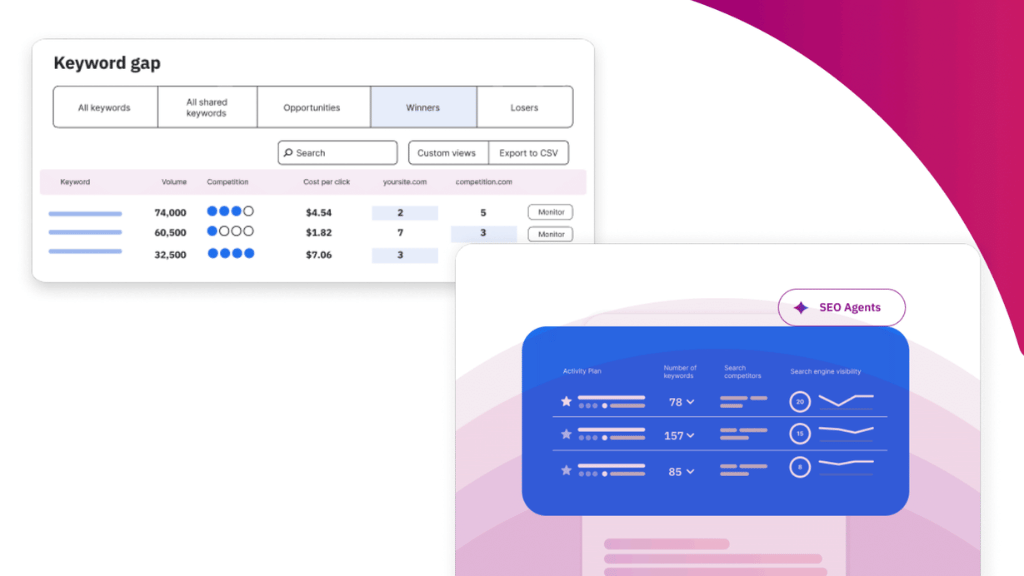 Slide showing a keyword gap tool screen and blue dashboard screen with the tag "SEO agents"