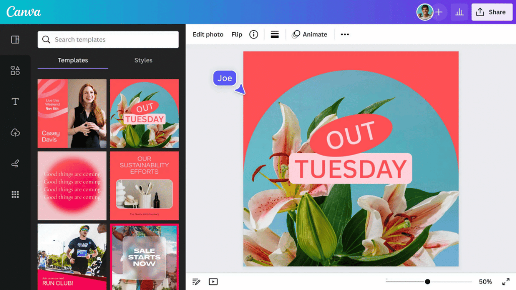 Canva screen showing a design with pale pink lilies and the text "OUT TUESDAY"