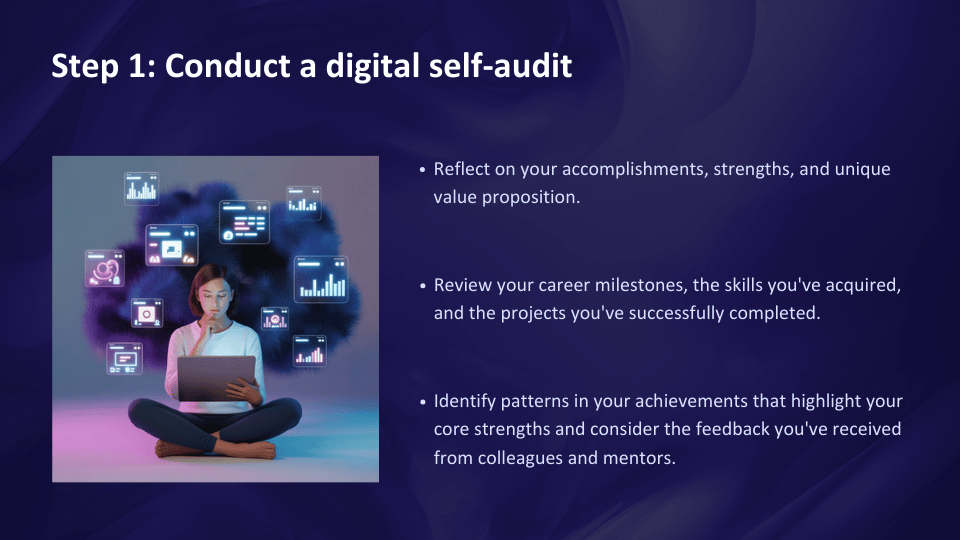 Dark blue slide titled “It’s time for a mindset shift” showing a progression from “From hiding to strategic visibility,” “From modesty to confident storytelling,” and “From unknown to thought leader.”