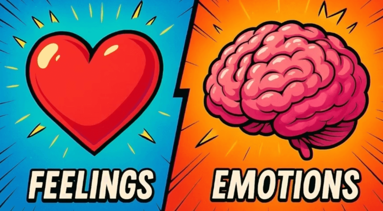 Comic-style image of a heart on the left with "FEELINGS" written underneath and a picture of a brain on the right with "EMOTIONS" written underneath it. 